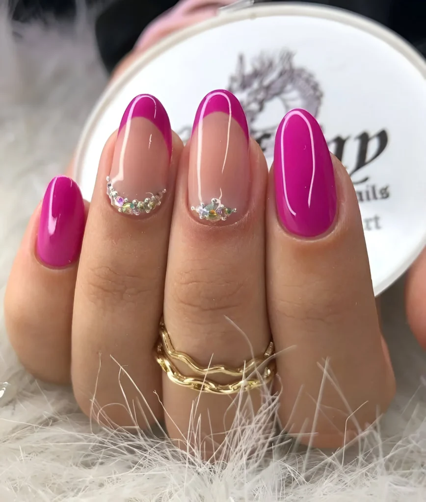 Bougainvillea Pink French Tip Nails with Rhinestone Accents