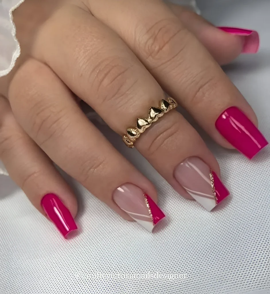 Geometric Bougainvillea Nail Design with White and Gold Accents