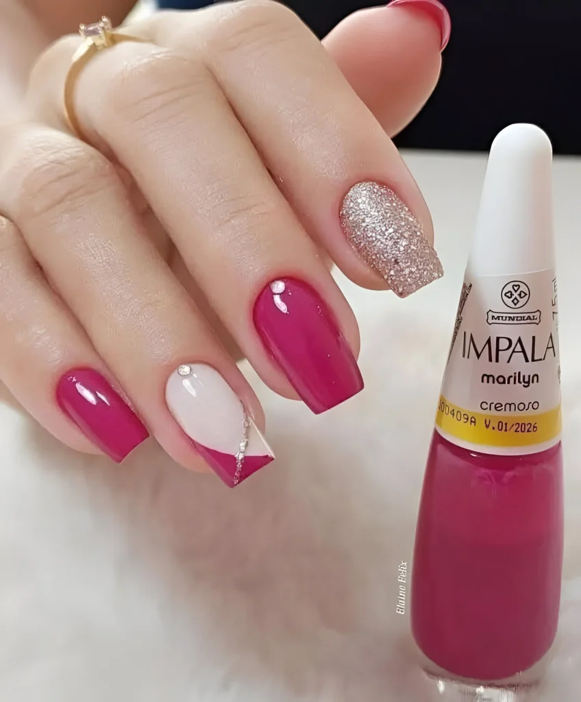 Deep Bougainvillea Nails with Gold Glitter and Geometric Accent