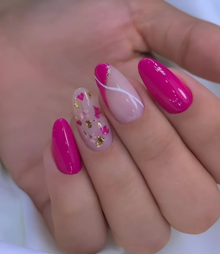 Bougainvillea Nail Art with Floral Accents and Gold Foil