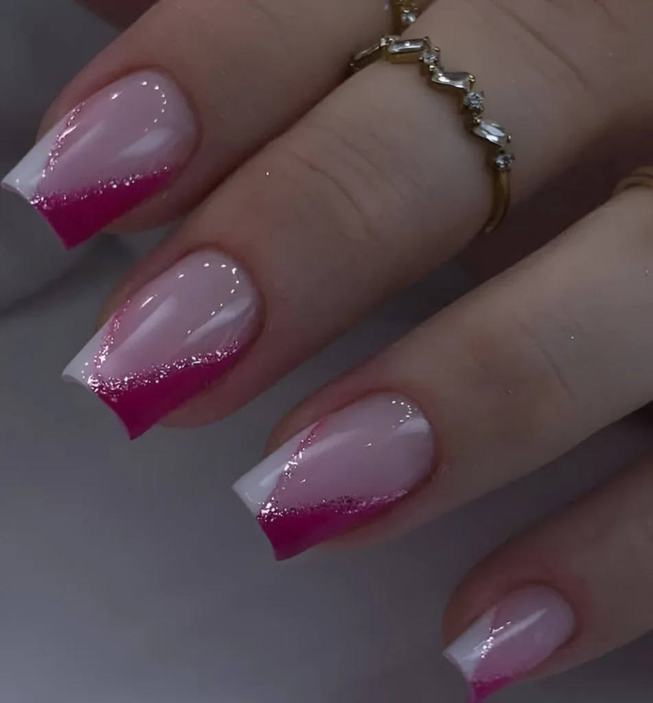 Bougainvillea Pink and White French Tip Nails with Glitter Line