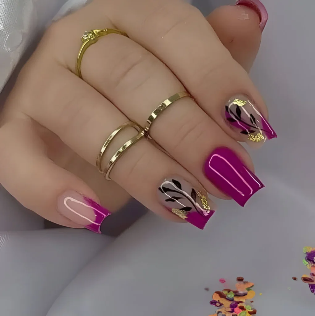 Abstract Bougainvillea Nail Art with Black Lines and Gold Foil