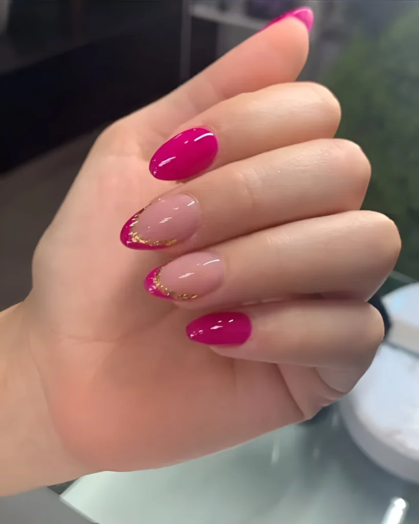 Bougainvillea Pink Nails with Nude and Gold Glitter Edge Accents