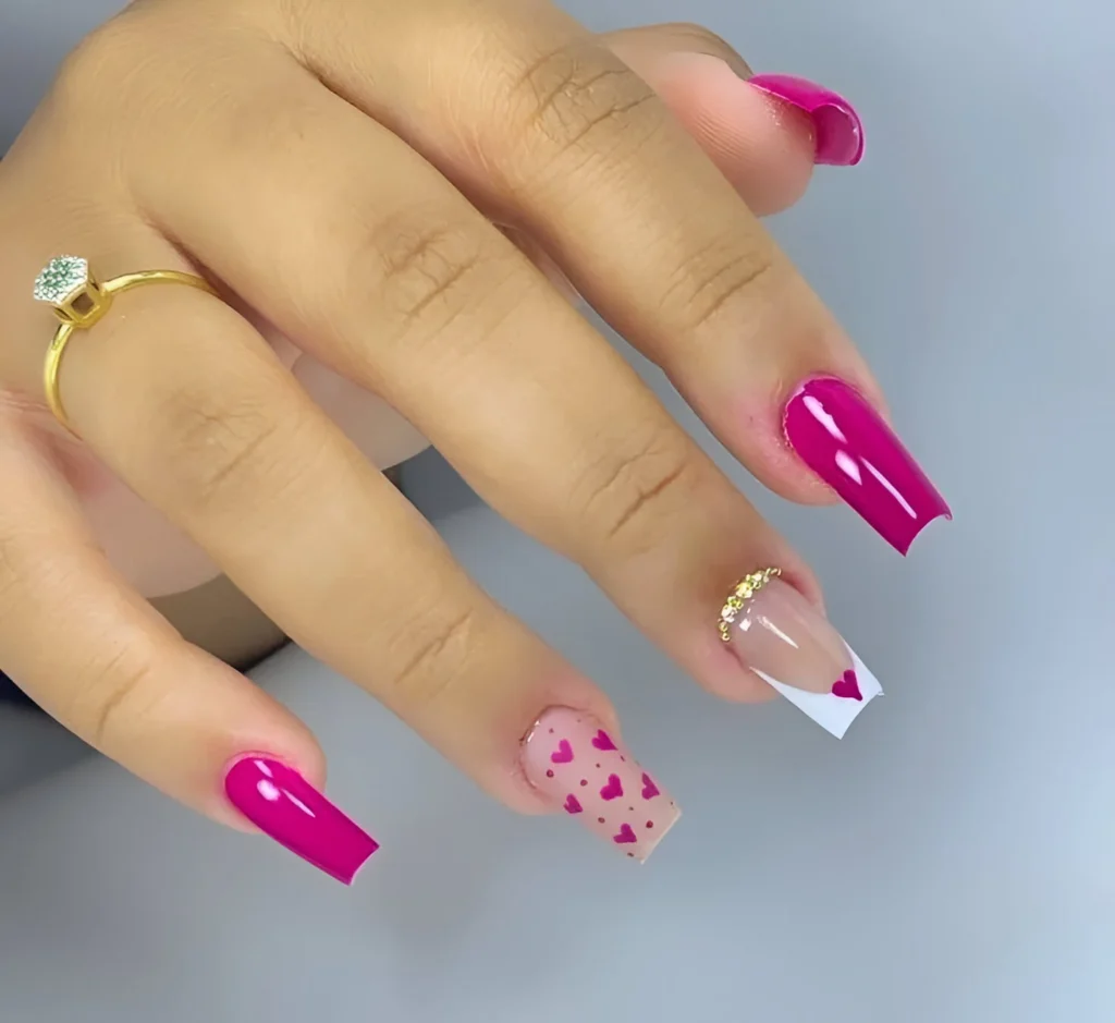 Mixed Bougainvillea Nail Design with Hearts, French Tip, and Geometric Accents - Bougainvillea nail designs