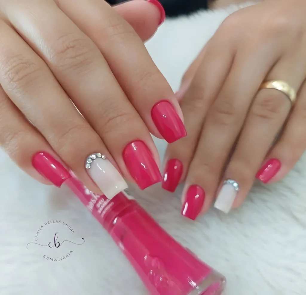 Bougainvillea Pink and White Nails with Single Rhinestone Accents - Bougainvillea nail designs