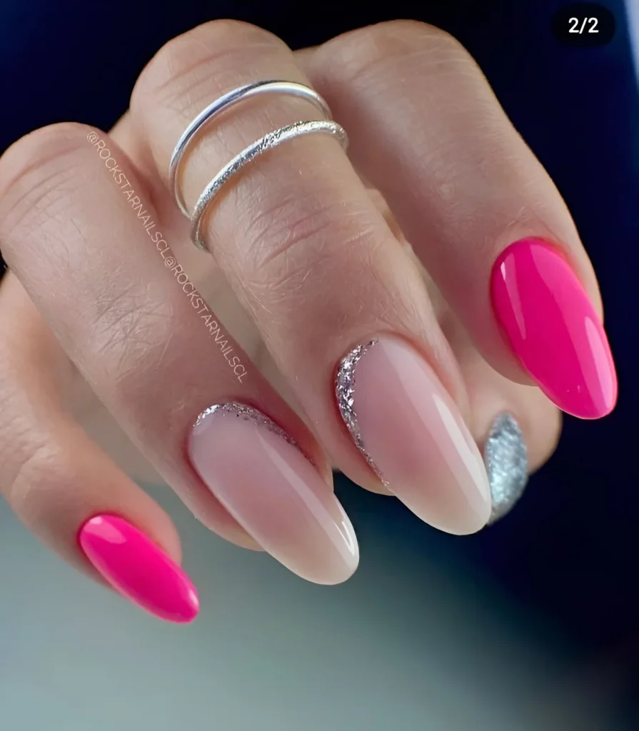 Nude Nails with Silver Glitter Crescent and Bougainvillea Pink Accents - Bougainvillea nail designs