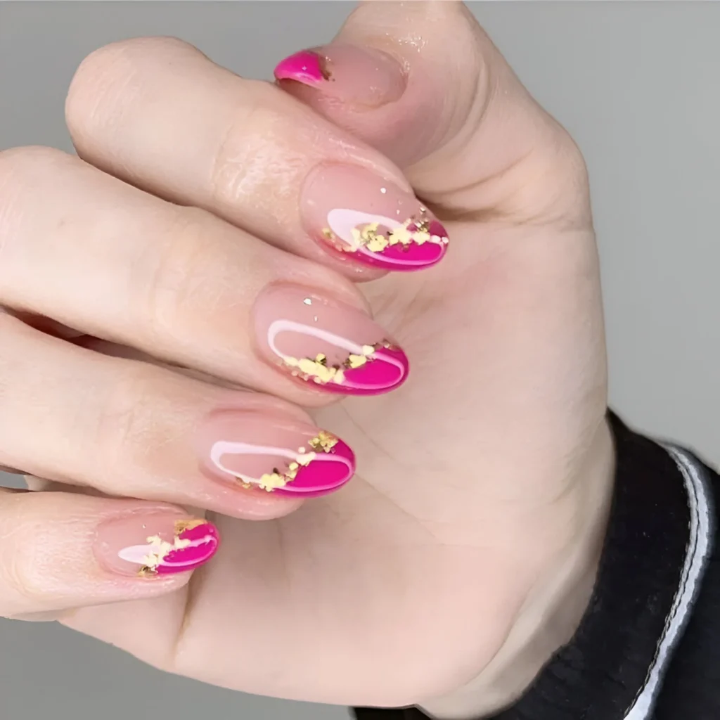 Bougainvillea Pink Tip Nails with Gold Foil Accents - Bougainvillea nail designs