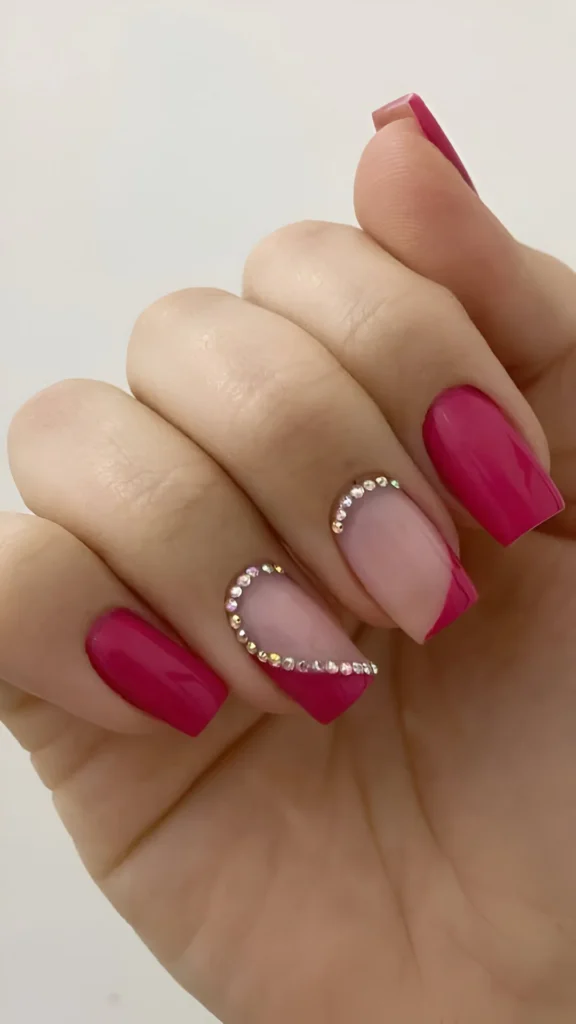 Bougainvillea Pink Nails with Rhinestone French Tip Accents