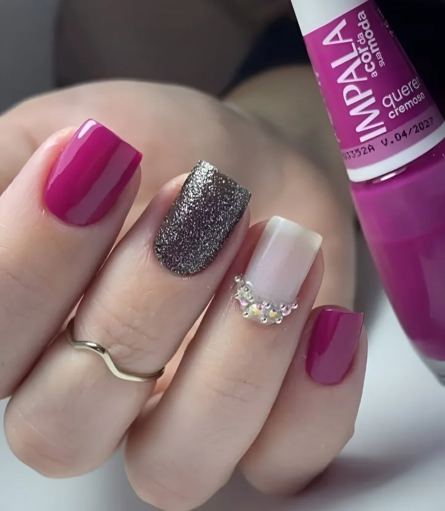 Bougainvillea Nail Design with Glitter and Rhinestone Accents