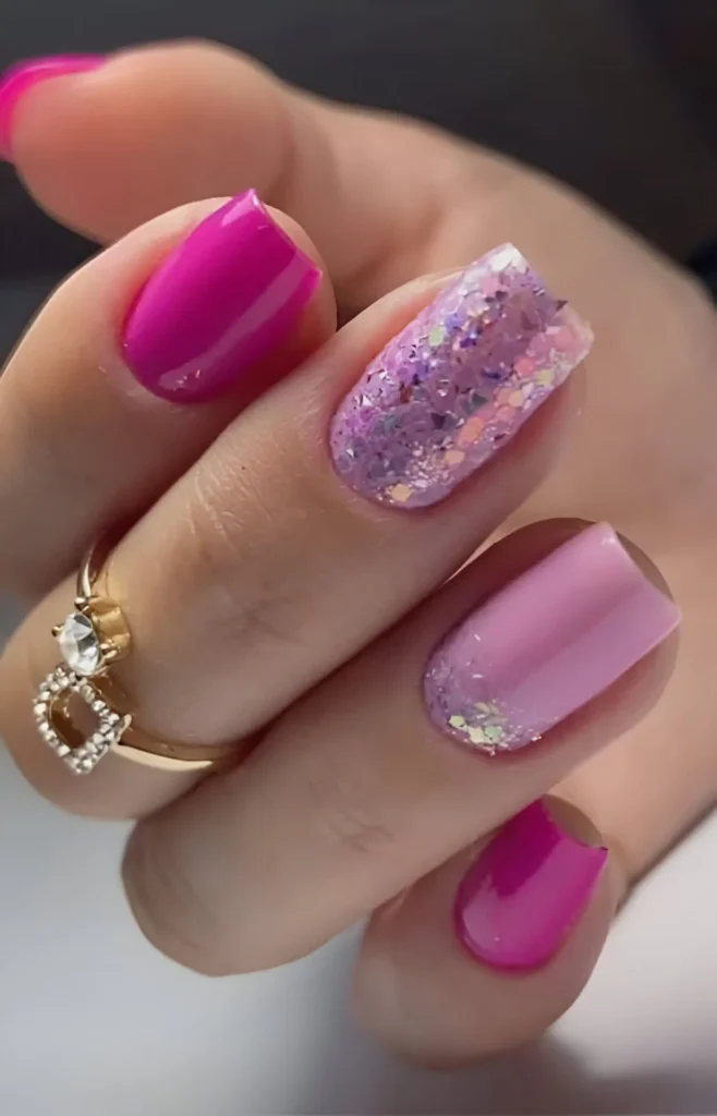 Bougainvillea Pink and Pastel Nails with Chunky Glitter