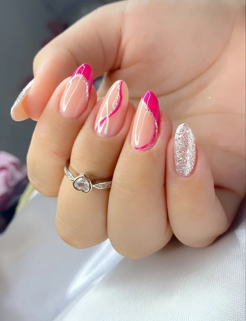 Abstract Bougainvillea Nail Art with Pink and Silver Glitter