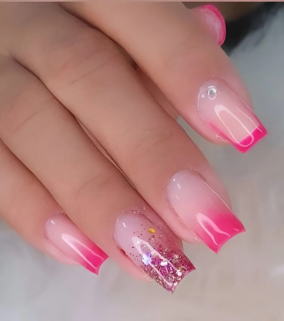 Pink and White Ombre Nails with Bougainvillea Pink Tips and Glitter