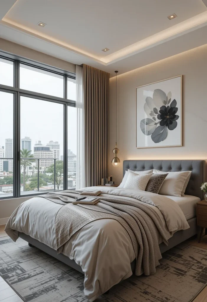 Modern bedroom with neutral color palette, large window, and city view