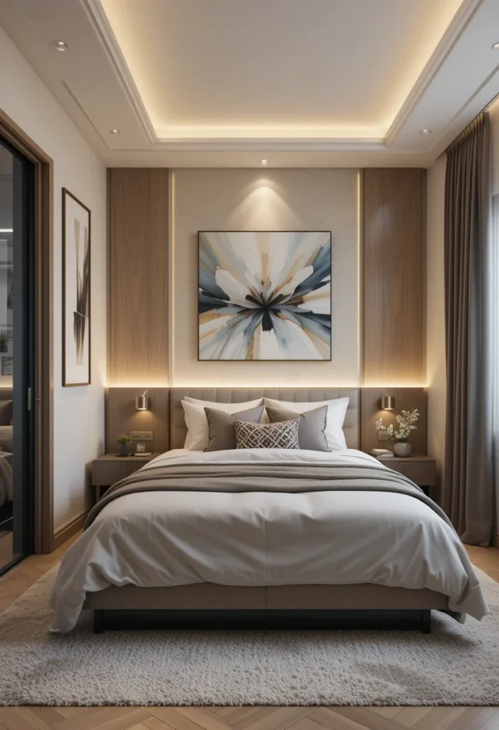 Bedroom with recessed lighting, neutral decor, and abstract artwork