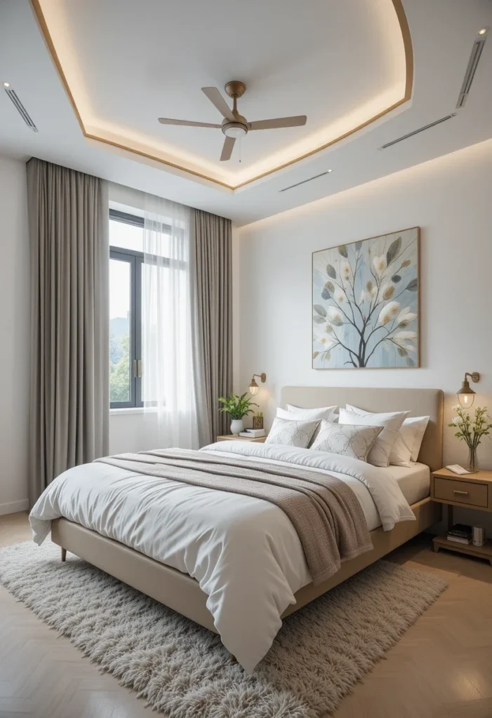 Bedroom with ceiling fan, neutral tones, layered bedding, and minimalist artwork