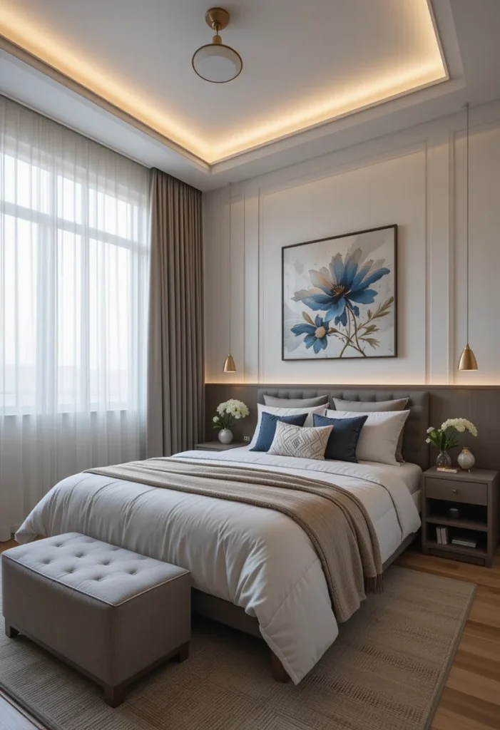 Bedroom with layered curtains, neutral tones, and upholstered bed