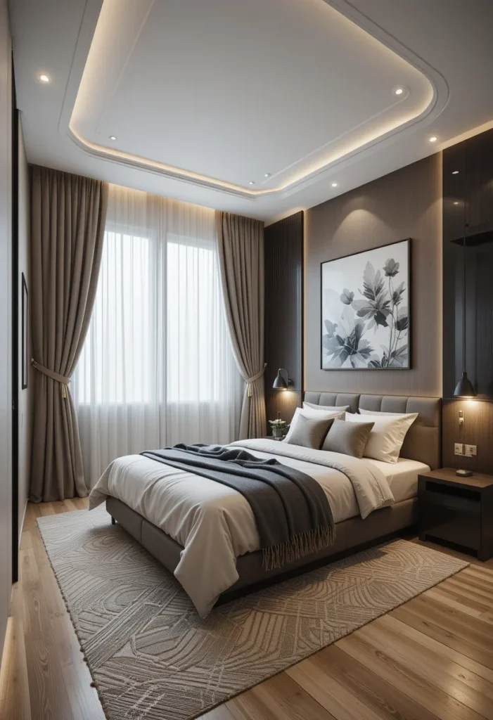 Bedroom with hardwood flooring, neutral tones, and layered bedding