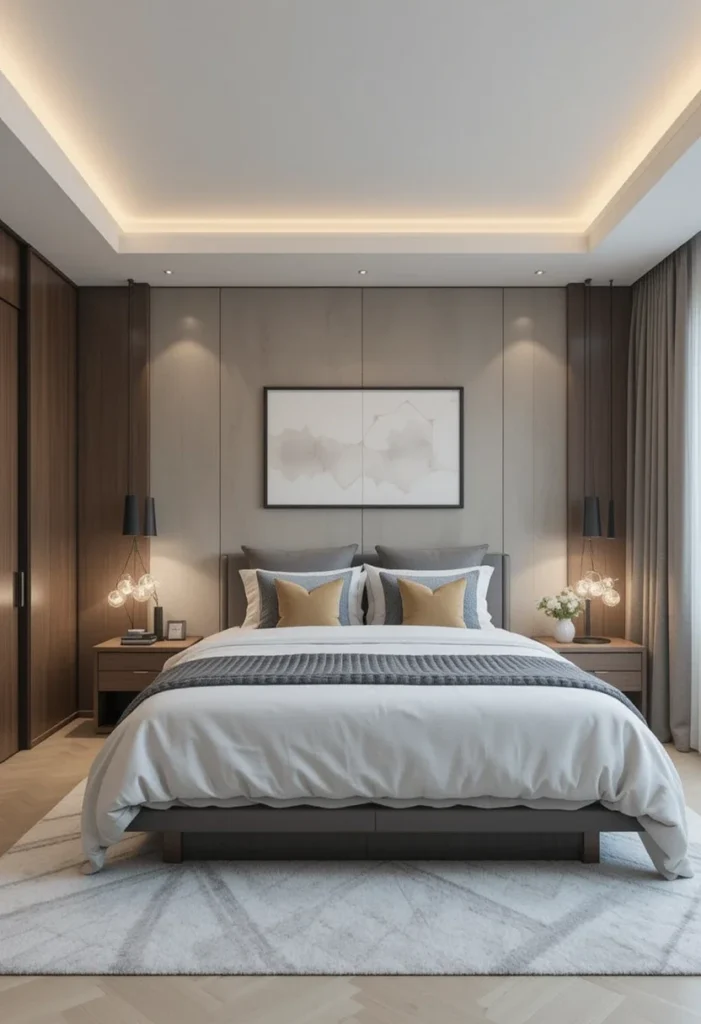 Bedroom with soft ambient lighting, pendant lights, and neutral decor