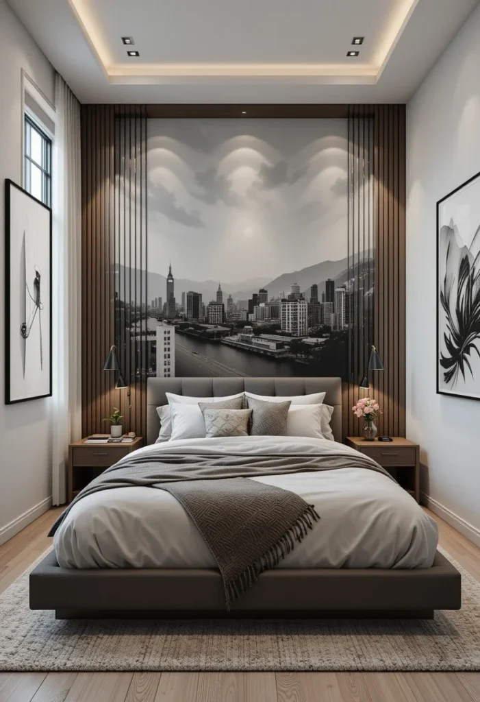 Modern bedroom with wood accent wall, platform bed, and city skyline mural