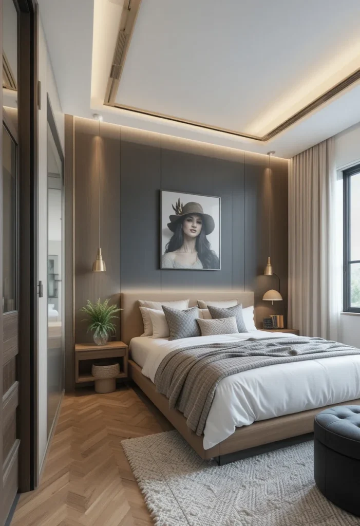 Modern bedroom with layered bedding, neutral colors, and pendant lighting