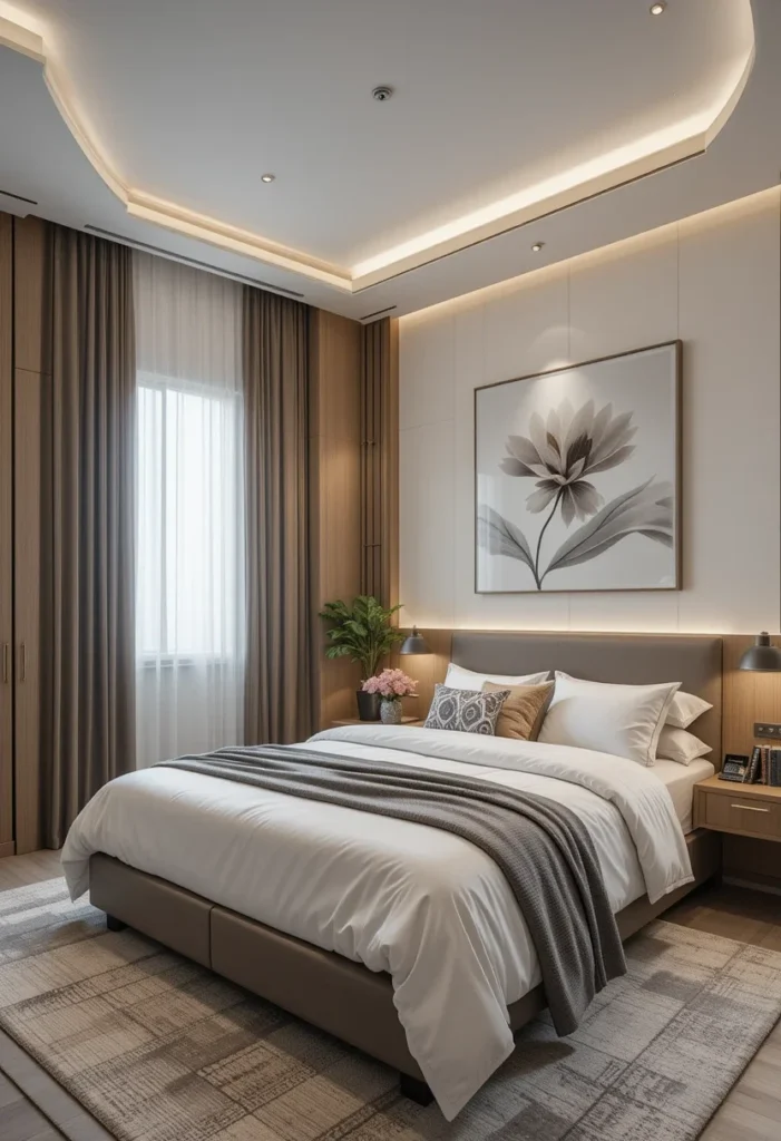 Bedroom with minimalist floral artwork, neutral tones, and layered bedding