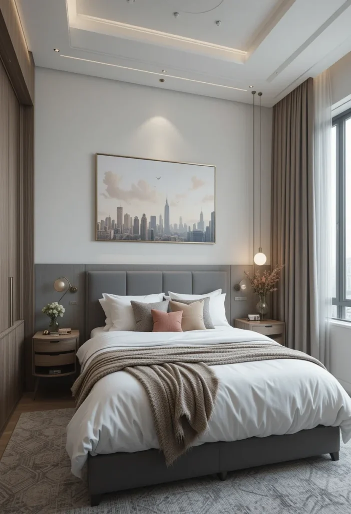 Modern bedroom with king-size bed, cityscape artwork, and neutral color palette