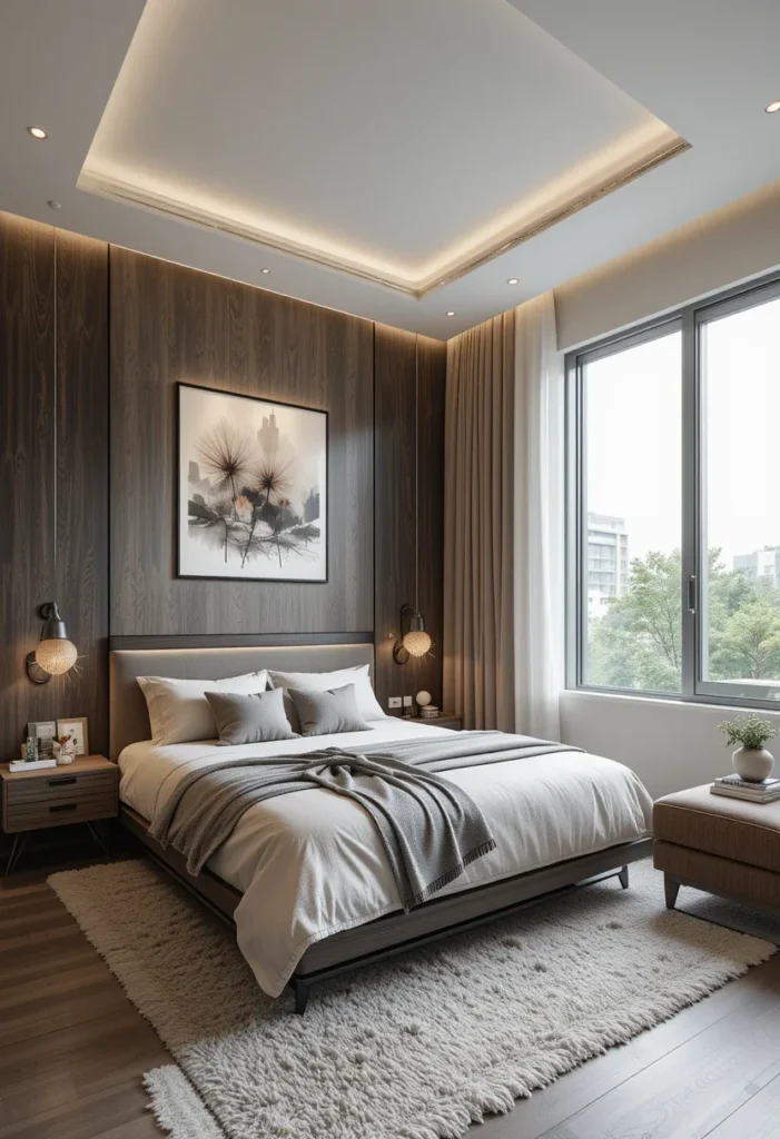 Bedroom with plush area rug, wood accent wall, and large window