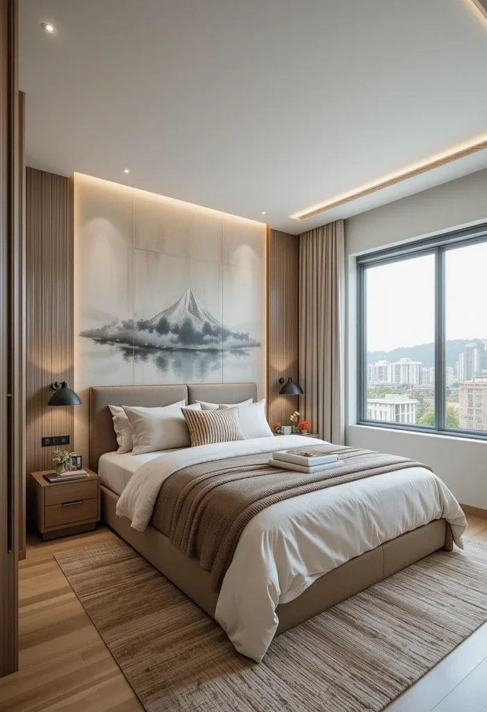 Bedroom with nature-inspired mural, neutral bedding, and wood accents