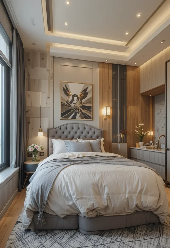 Bedroom with curated accessories, tufted headboard, and large windows