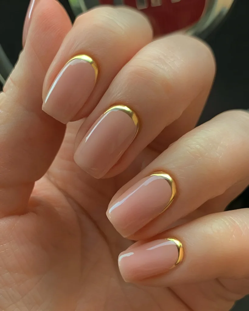 Elegant gold french tip nail design on short, rounded nails.