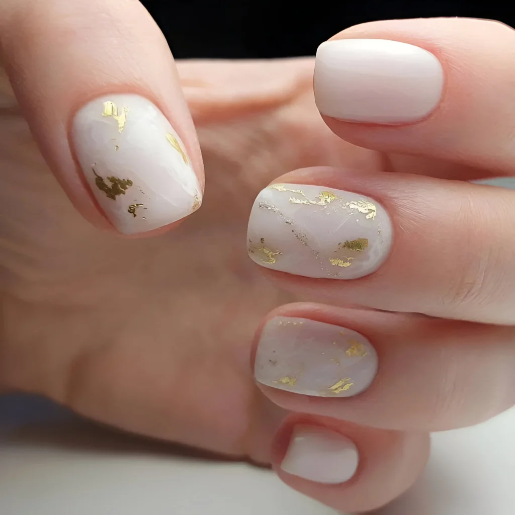 Short, rounded nails with a milky white base and gold leaf accents creating a marbled effect.