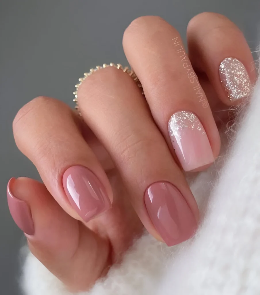 Dusky rose-colored nails with a glossy finish and a shimmering pink ombre glitter accent nail - Classy Nails