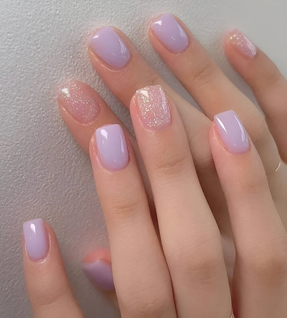 Short square nails with pastel purple polish and glitter accent nails.