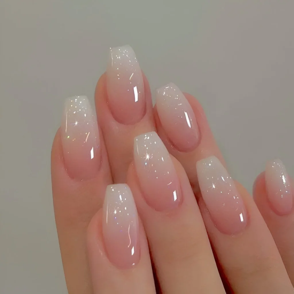 Long coffin nails with a shimmering white ombre design.