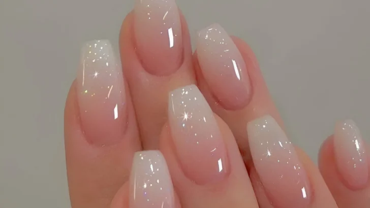 Long coffin nails with a shimmering white ombre design.