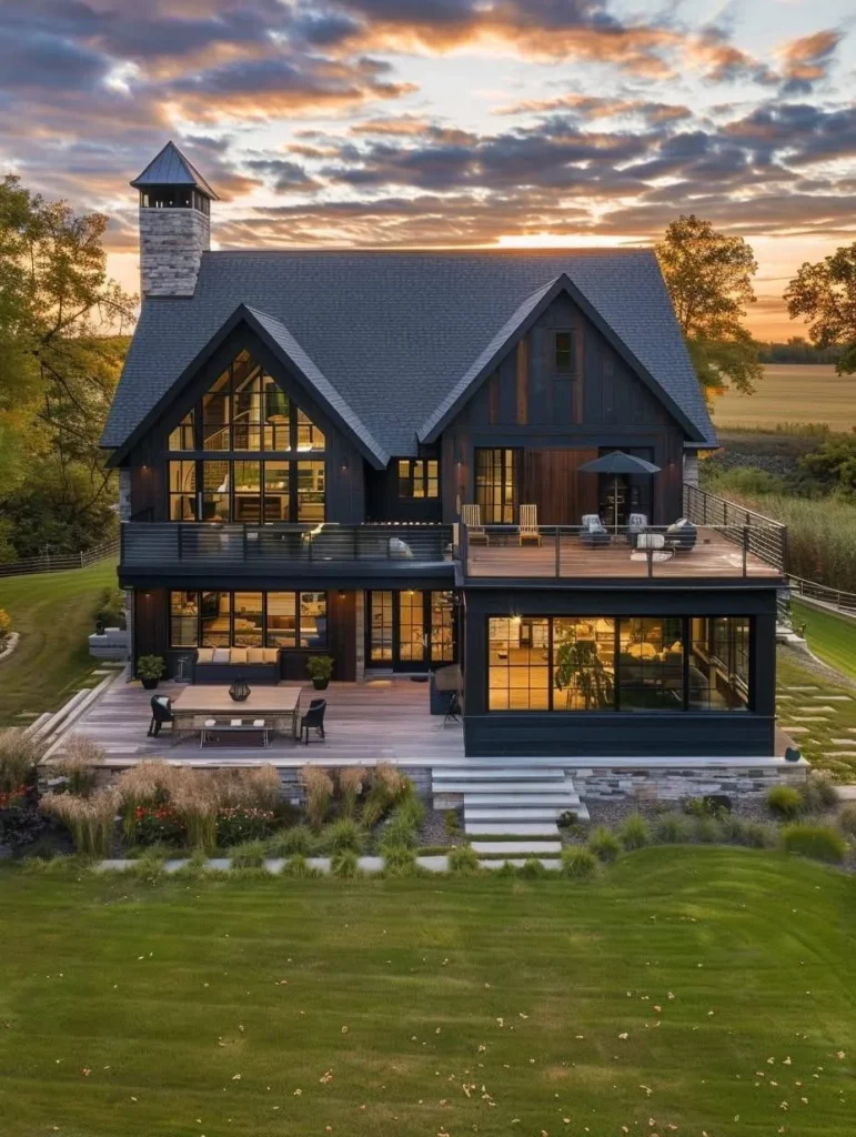 Idyllic countryside home design with modern farmhouse architecture.