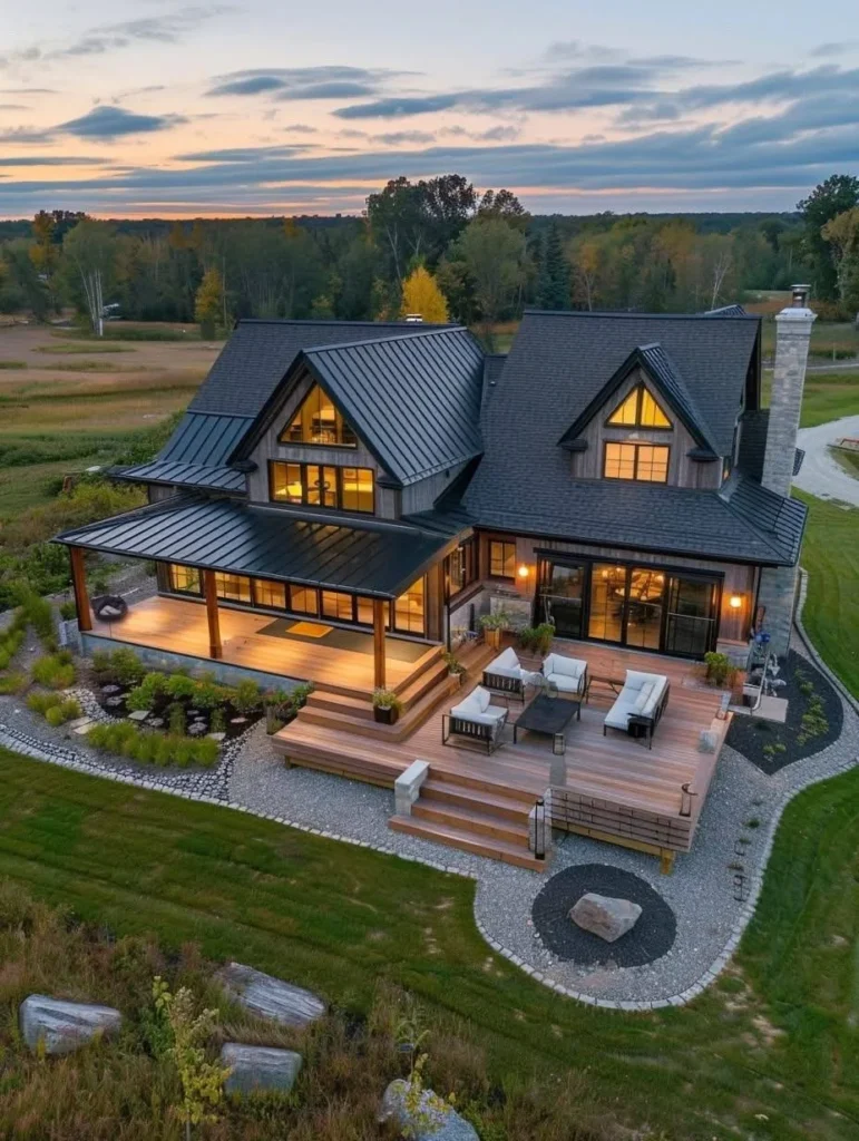 Modern farmhouse countryside home with tiered decking.