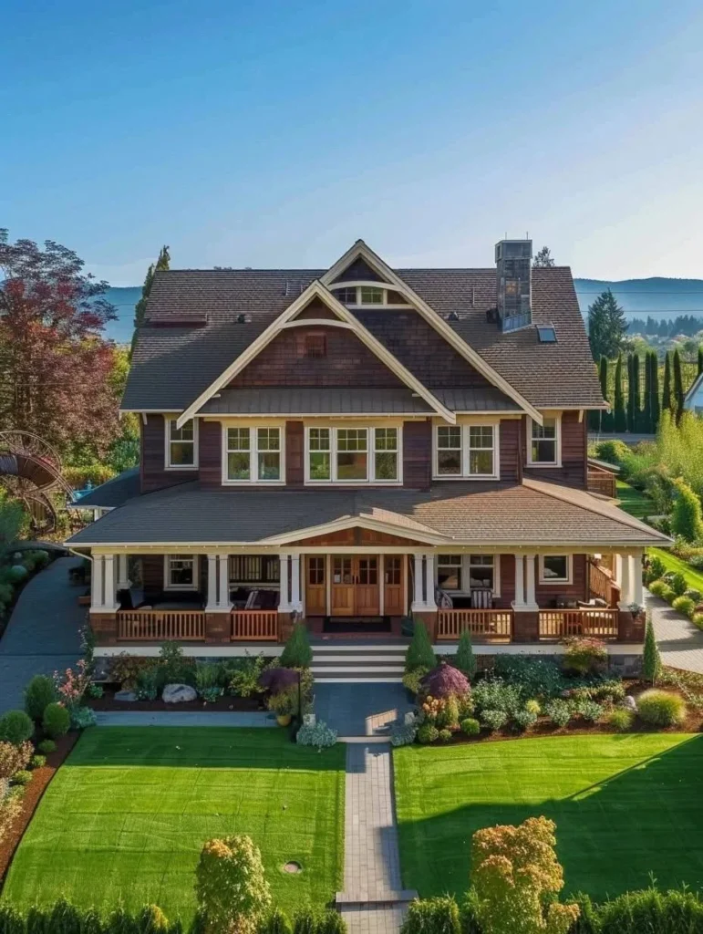 Symmetrical countryside home design with classic architecture.