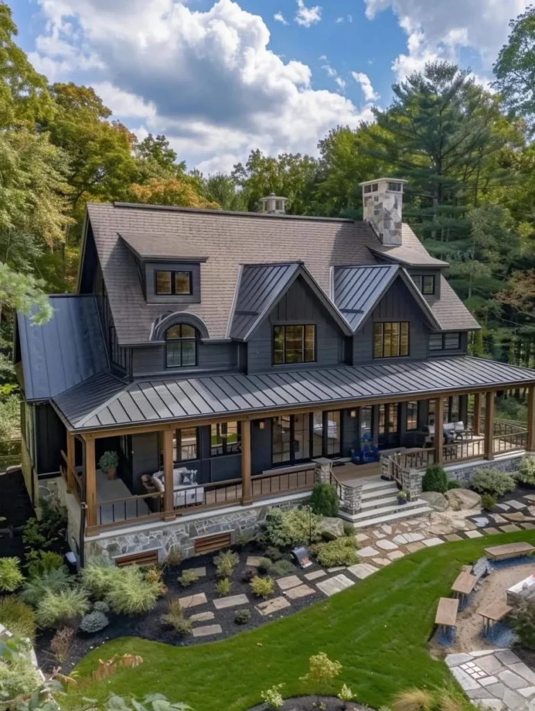 Modern farmhouse countryside home nestled in landscape.