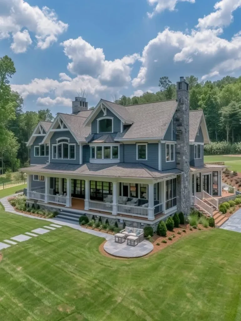 Countryside home with a soothing color palette and wrap-around porch.