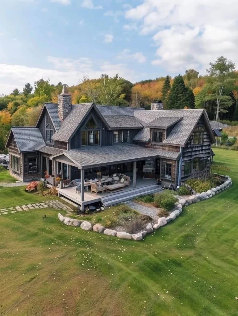 countryside home with weathered wood siding and natural textures.