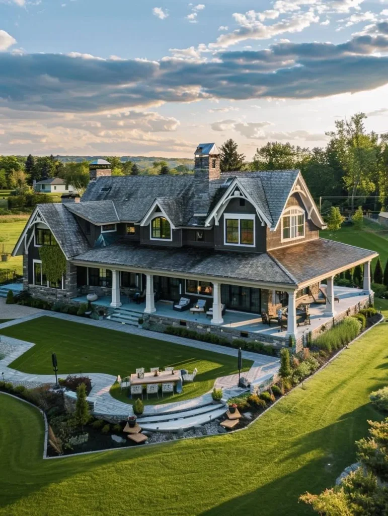 Countryside home with classic architectural details and landscaping.