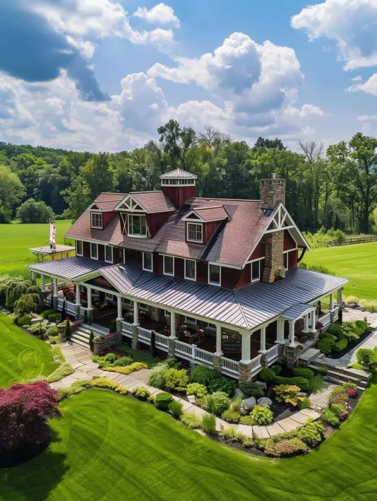 Classic countryside home design with gabled roof and porch.