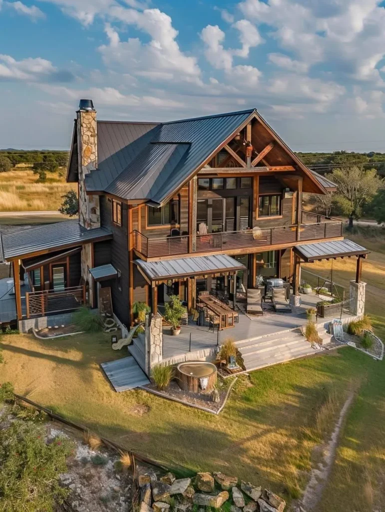 Countryside home design featuring stone and timber construction.