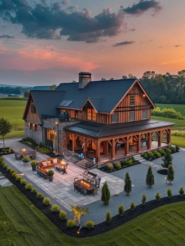 Country farmhouse home with 360-degree wraparound porch design.