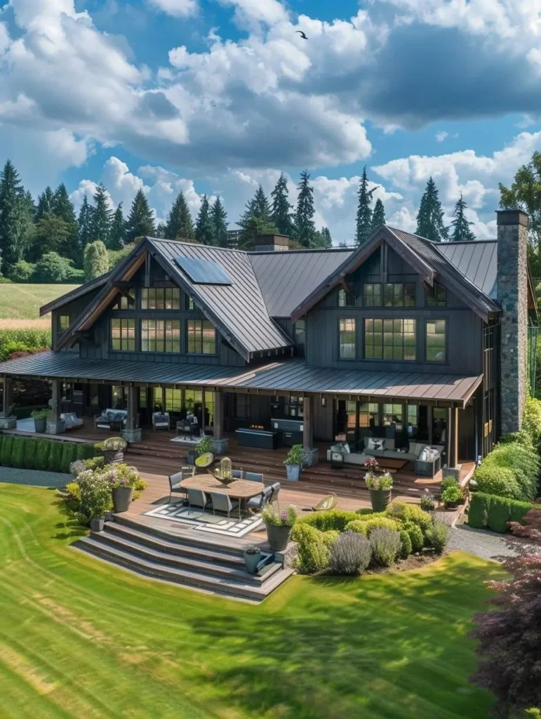 Countryside home with prominent gables and multi-level deck.