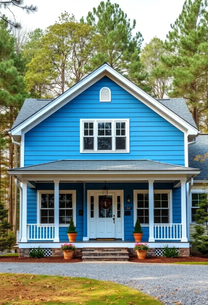 21 Timeless Craftsman Home Designs featuring a vibrant blue exterior and porch details.