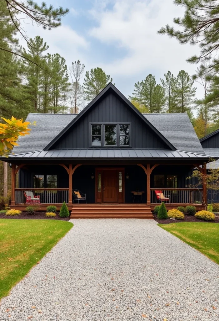 21 Timeless Craftsman Home Designs with a dark exterior and natural wood accents.