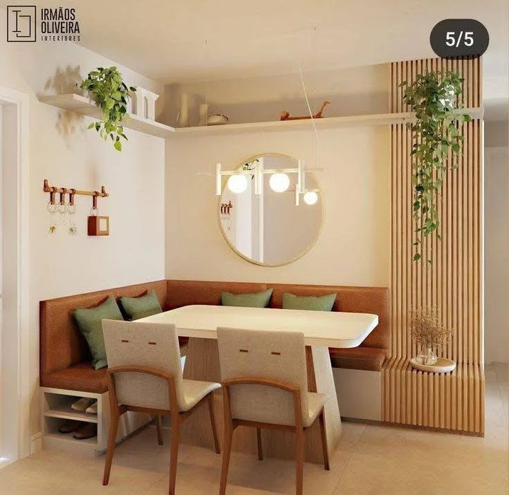 Dining room with a custom built-in bench, wood slat accents, and a neutral color palette.