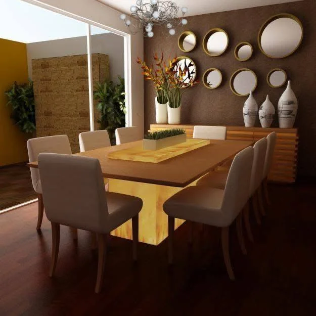 Dining room with unique under-table lighting, a collection of circular mirrors, and neutral chairs.